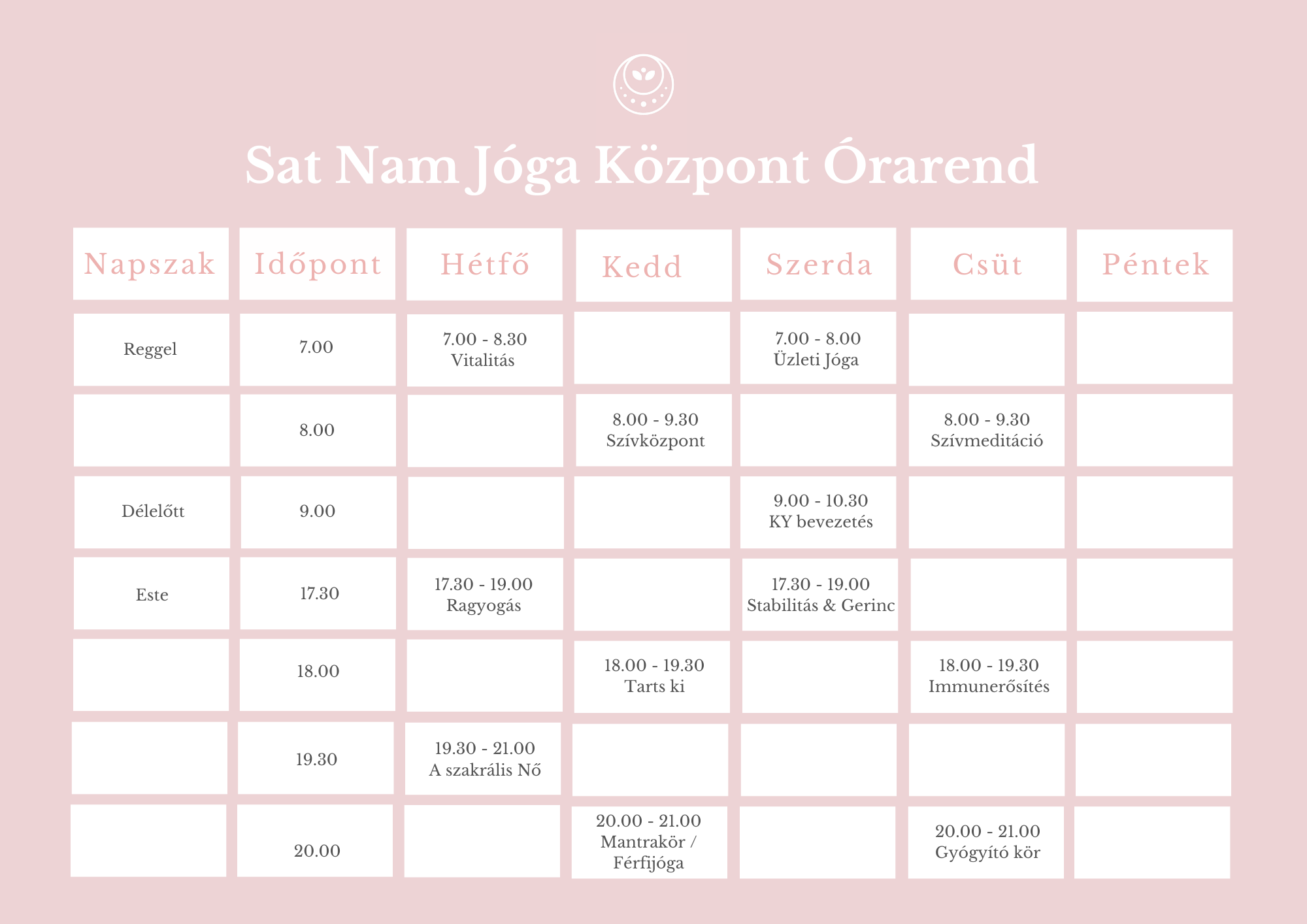 Sat Nam Jóga Központ Órarend (2)